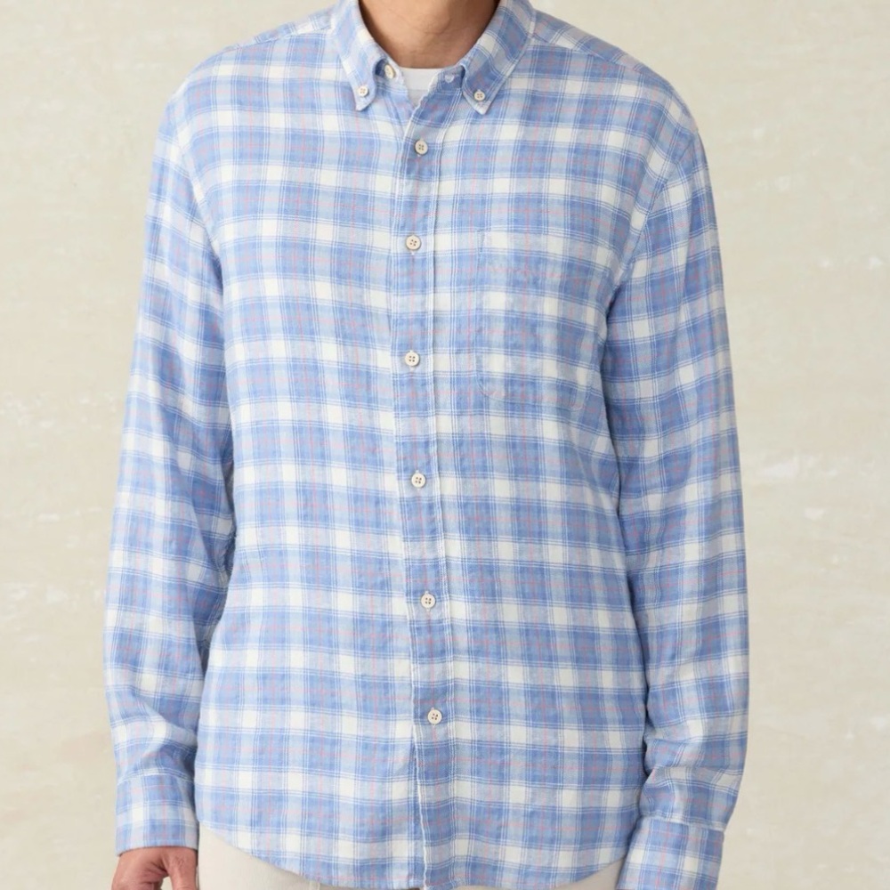 Faherty Plaid Button Down Shirt Linen Long Sleeve Top Casual Costal Euro Summer